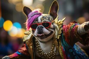 ai generiert ein Französisch Bulldogge gekleidet im bunt Kostüm im das Karneval ai generativ foto
