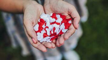 Konfetti von rot und Weiß Herzen im das Hände von ein Mädchen. foto