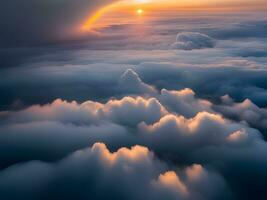 ai generiert Sonnenuntergang über Wolken, Antenne Sicht. foto