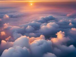 ai generiert Sonnenuntergang über Wolken, Antenne Sicht. foto