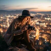 ai generiert ein Frau im ein Hut nehmen ein Foto von das Stadt beim Nacht