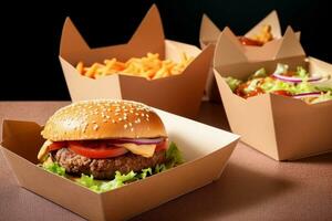 ai generiert Straße Lebensmittel. Fleisch Schnitzel Burger sind im Papier Boxen. Essen Lieferung. generativ ai. foto