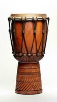 ai generiert djembe Trommel auf Weiß Hintergrund. traditionell Schlagzeug Musical Instrument von afrikanisch Kultur. geeignet zum Musical Design, Artikel, Blog, Sozial Medien Post, Album Abdeckung, Poster. Vertikale foto