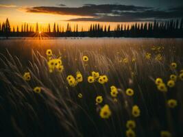 ai generiert glühend Felder von Winter Sanft Fokus Sonnenuntergang Wiese mit Gelb Blumen der Natur umarmen. ein Symphonie von Farben warm Winter Sonnenuntergang Wiese mit abstrakt Sanft Fokus Natur Harmonie. foto