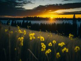 ai generiert glühend Felder von Winter Sanft Fokus Sonnenuntergang Wiese mit Gelb Blumen der Natur umarmen. ein Symphonie von Farben warm Winter Sonnenuntergang Wiese mit abstrakt Sanft Fokus Natur Harmonie. foto