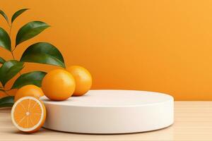 ai generiert runden Weiß Podium mit Orange Früchte zum Produkt Anzeige foto