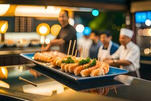 ai generiert ein Buffet mit Sushi und andere Essen auf ein Tisch. KI-generiert foto