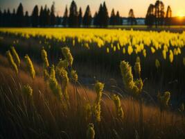 ai generiert glühend Felder von Winter Sanft Fokus Sonnenuntergang Wiese mit Gelb Blumen der Natur umarmen. ein Symphonie von Farben warm Winter Sonnenuntergang Wiese mit abstrakt Sanft Fokus Natur Harmonie. foto