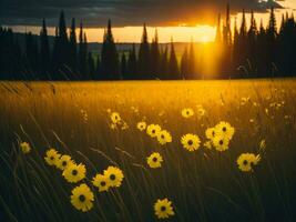 ai generiert abstrakt Sanft Fokus Sonnenuntergang Feld Landschaft von Gelb Blumen und Gras Wiese warm golden Stunde Sonnenuntergang Sonnenaufgang Zeit. still Frühling Sommer- Natur Nahansicht und verschwommen Wald Hintergrund. foto