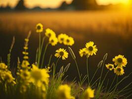 ai generiert abstrakt Sanft Fokus Sonnenuntergang Feld Landschaft von Gelb Blumen und Gras Wiese warm golden Stunde Sonnenuntergang Sonnenaufgang Zeit. still Frühling Sommer- Natur Nahansicht und verschwommen Wald Hintergrund. foto