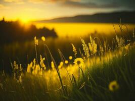 ai generiert abstrakt Sanft Fokus Sonnenuntergang Feld Landschaft von Gelb Blumen und Gras Wiese warm golden Stunde Sonnenuntergang Sonnenaufgang Zeit. still Frühling Sommer- Natur Nahansicht und verschwommen Wald Hintergrund. foto