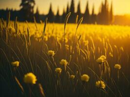 ai generiert abstrakt Sanft Fokus Sonnenuntergang Feld Landschaft von Gelb Blumen und Gras Wiese warm golden Stunde Sonnenuntergang Sonnenaufgang Zeit. still Frühling Sommer- Natur Nahansicht und verschwommen Wald Hintergrund. foto