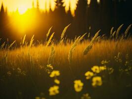 ai generiert abstrakt Sanft Fokus Sonnenuntergang Feld Landschaft von Gelb Blumen und Gras Wiese warm golden Stunde Sonnenuntergang Sonnenaufgang Zeit. still Frühling Sommer- Natur Nahansicht und verschwommen Wald Hintergrund. foto