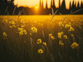 ai generiert abstrakt Sanft Fokus Sonnenuntergang Feld Landschaft von Gelb Blumen und Gras Wiese warm golden Stunde Sonnenuntergang Sonnenaufgang Zeit. still Frühling Sommer- Natur Nahansicht und verschwommen Wald Hintergrund. foto