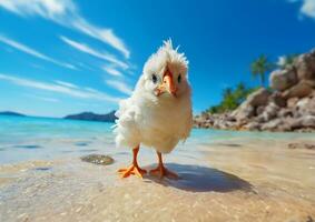 ai generiert Hähnchen erkunden ein sonnig, sandig Strand foto