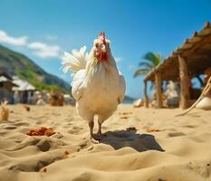 ai generiert Hähnchen erkunden ein sonnig, sandig Strand foto