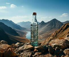 ai generiert Wasser Flasche Stehen prominent im das Vordergrund foto