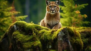 ai generiert Puma im das Grün Wald foto