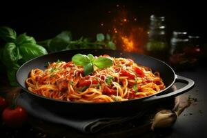 ai generiert Pasta mit Tomate Soße im ein schwarz schwenken foto