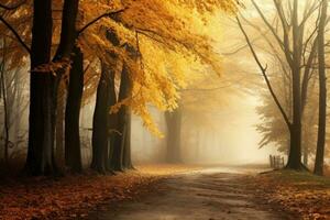 ai generiert Magie Herbst Wald mit Gehen Weg, schön Herbst Landschaft. foto