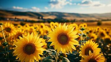 ai generiert ein Feld von luxuriös Blühen Sonnenblumen im ein ländlich Landschaft mit ein schön Himmel. generativ ai foto