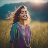 ai generiert schön Frau Lachen im ein Feld mit ein Regenbogen farbig Hemd foto