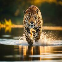 ai generiert ein Leopard Gehen durch Wasser mit Gras und Schilf im das Hintergrund foto