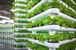 ai generiert Vertikale hydroponisch Pflanze System mit kultiviert Salate. ai generiert foto