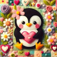 ai generiert süß Pinguin mit Herz und Blumen. Valentinstag Karte mit romantisch Tier im fühlte Kunst Patchwork Decke, Expressionist Stil foto