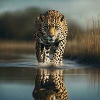 ai generiert ein Leopard Gehen durch Wasser mit Gras und Schilf im das Hintergrund foto