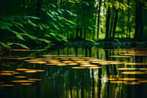 ai generiert ein Teich mit Lilie Pads im das Mitte von ein Wald foto