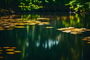ai generiert Gelb Blätter schwebend auf das Wasser im ein Wald foto