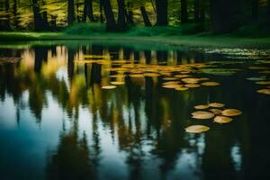 ai generiert ein Teich mit Gelb Lilie Pads im das Mitte von ein Wald foto