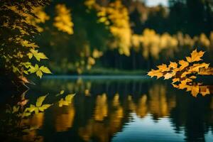 ai generiert Herbst Blätter auf das Wasser foto