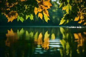 ai generiert Herbst Blätter auf das Wasser foto