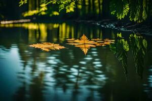 ai generiert Herbst Blätter auf das Wasser foto