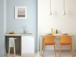 ai generiert zwei Bilder von ein Küche mit ein Tabelle und Stühle, ai foto