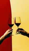 ai generiert zwei Menschen halten Wein Brille im Vorderseite von ein rot und Gelb Hintergrund, ai foto
