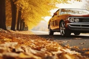 ai generiert Auto auf Asphalt Straße auf ein Herbst Tag beim das Park. ai generiert foto