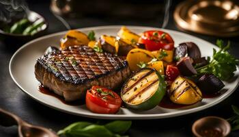 ai generiert gegrillt Steak mit Gemüse foto
