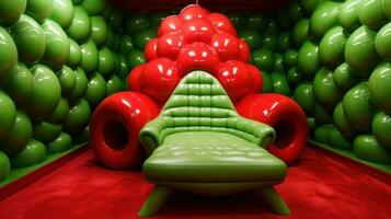 ai generiert ein Grün Stuhl Sitzung im ein Zimmer gefüllt mit rot und Grün Luftballons, ai foto