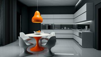 ai generiert ein Weiß und Orange Küche mit ein Tabelle und Stühle, ai foto