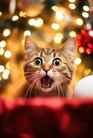ai generiert ein Katze mit es ist Mund öffnen suchen beim ein Weihnachten Ornament, ai foto