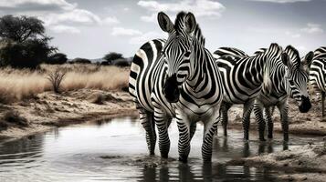 ai generiert ein Gruppe von Zebras Stehen Nächster zu ein Körper von Wasser, ai foto