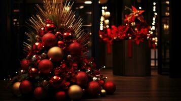 ai generiert ein Weihnachten Baum dekoriert mit rot und Gold Ornamente, ai foto