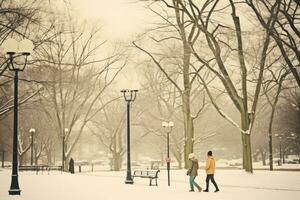 ai generiert zwei Menschen Gehen im das Schnee im ein Park, ai foto