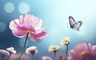 ai generiert frisch Frühling Morgen auf Natur und flattern Schmetterlinge auf ein Sanft Grün Hintergrund. generativ ai foto