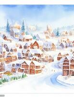 ai generiert Aquarell Winter Stadt, Dorf Hintergrund Landschaft Illustration foto