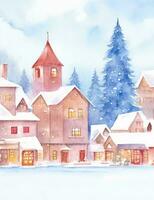 ai generiert Aquarell Winter Stadt, Dorf Hintergrund Landschaft Illustration foto