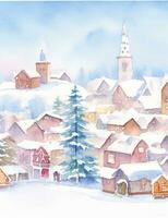 ai generiert Aquarell Winter Stadt, Dorf Hintergrund Landschaft Illustration foto